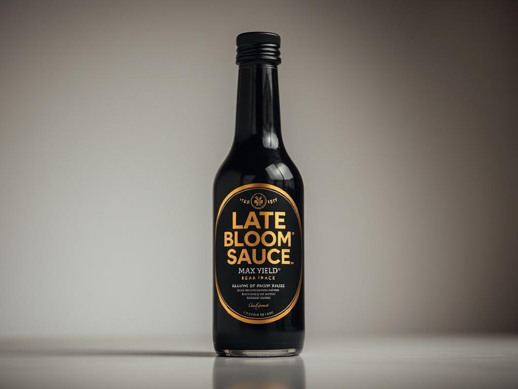 Create a realistic high-resolution image of a sleek black bottle of Late Bloom Sauce – Max Yield™, with a chrome-gold label prominently displayed. The bottle should be set against a simple, soft-focus background that enhances the product's luxurious appeal. Ensure the composition captures the essence of premium quality, focusing on the bottle with a close-up shot as if taken with a 45mm f/1.2 lens.