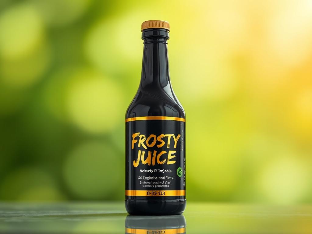 A close-up shot of a sleek, modern bottle of Frosty Juice™ (0-32-53) against a soft-focus green background. The bottle should have a chrome-gold label with a black body, showcasing a 4D shine effect. The label should include the product name and a visual cue of its application in enhancing plant appearance. The composition should be simple and clear, highlighting the product in a high-resolution image.