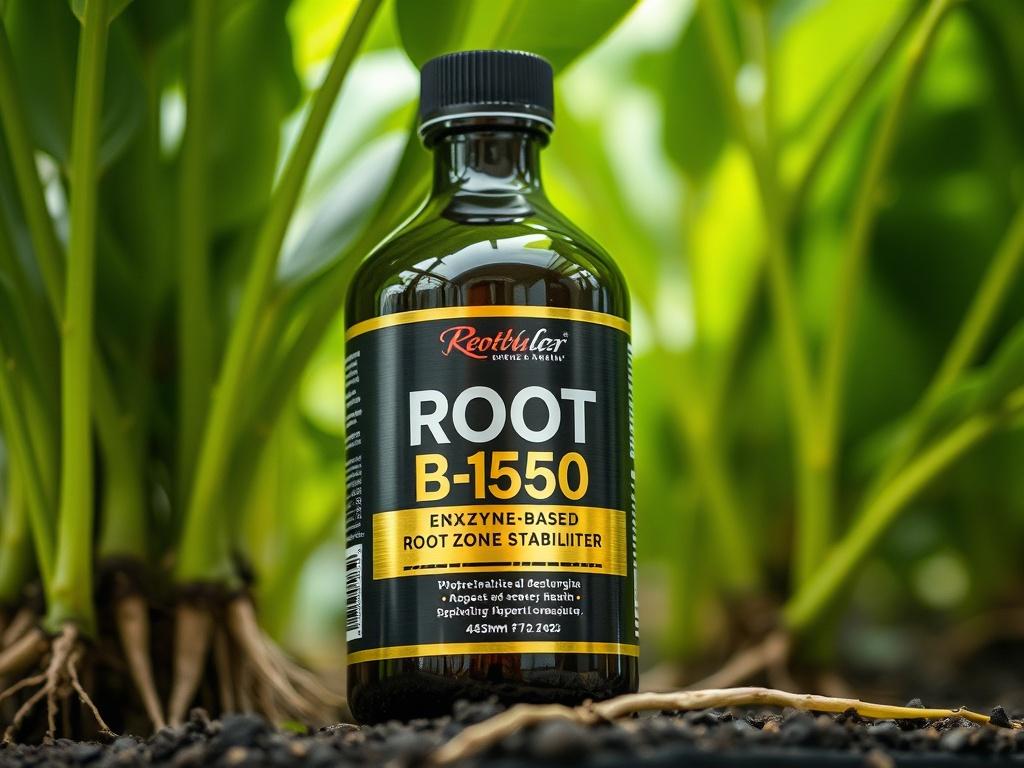 A hyper-realistic close-up image of a bottle of Root B-150™, an enzyme-based root zone stabilizer, with a sleek black and chrome-gold label. The background features lush, vibrant green plant roots, emphasizing the product's focus on root health. The image captures the essence of plant vitality, showcasing the bottle prominently with a gentle light reflecting off its surface, creating an inviting and professional appearance.