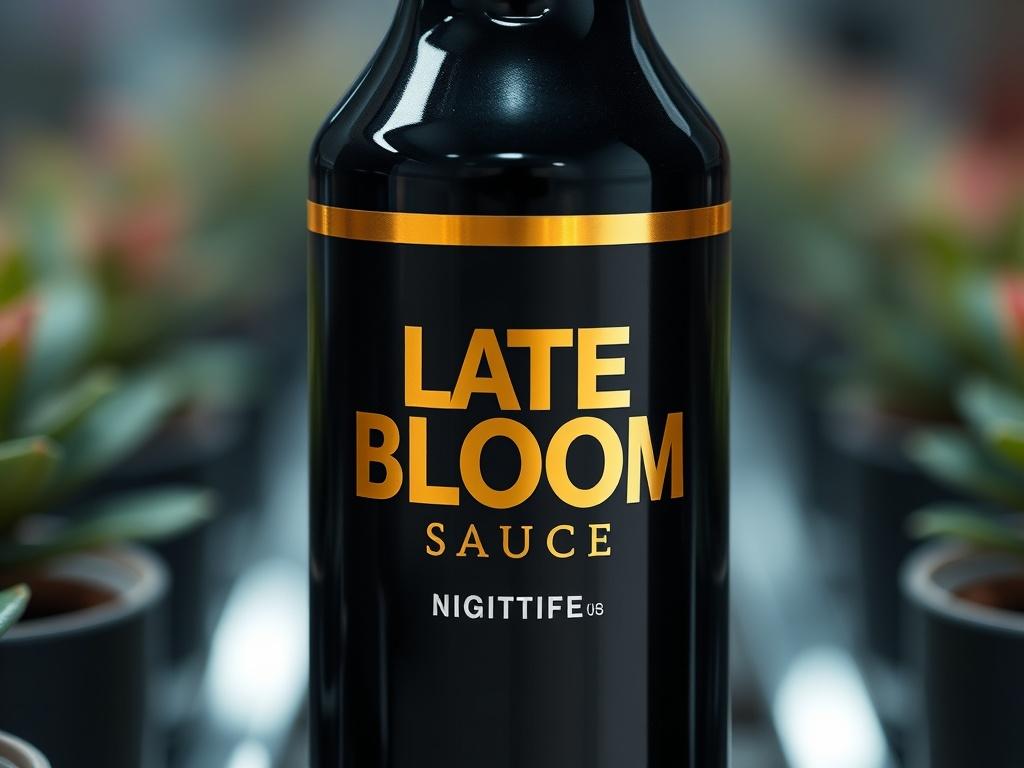 A hyper-realistic close-up shot of a bottle of Late Bloom Sauce – Max Yield™ (0-47-83), featuring a sleek black bottle with a chrome-gold label. The background is blurred to emphasize the bottle, showcasing its elegant design. The lighting highlights the bottle's reflective surface, creating a luxurious feel. The color scheme is aligned with the brand's primary color, rgb(213, 182, 2).