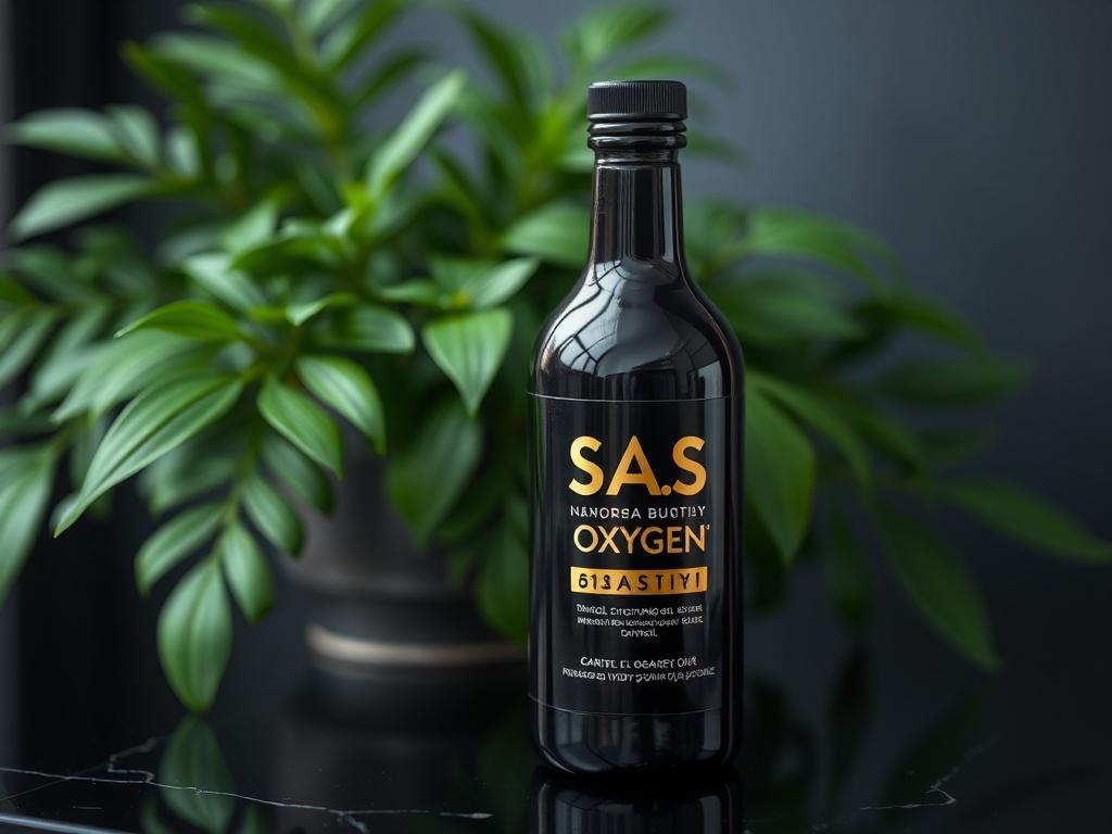 A hyper-realistic close-up shot of S.A.S. Oxygen Boost™ bottle on a dark, elegant surface, with a lush green plant in the background. The focus should be on the sleek black bottle with a chrome-gold label, featuring a shiny finish that reflects light beautifully. The composition should be simple and clear, with soft natural lighting highlighting the product's details.