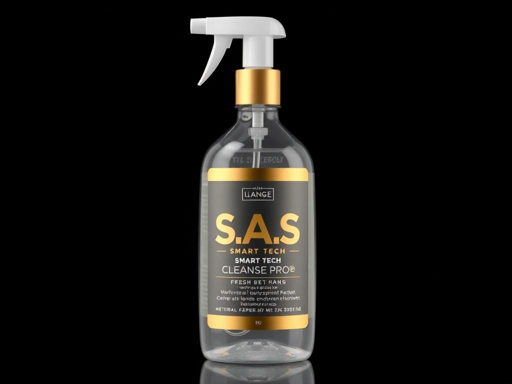 A clean, sleek bottle of S.A.S. Smart Tech Cleanse Pro™ against a solid black background. The bottle should have a chrome-gold label with modern design elements. The product appears fresh and high-quality, showcasing its advanced cleaning capabilities. The lighting should highlight the bottle's features and the label's details, with a focus on realism and a professional presentation.