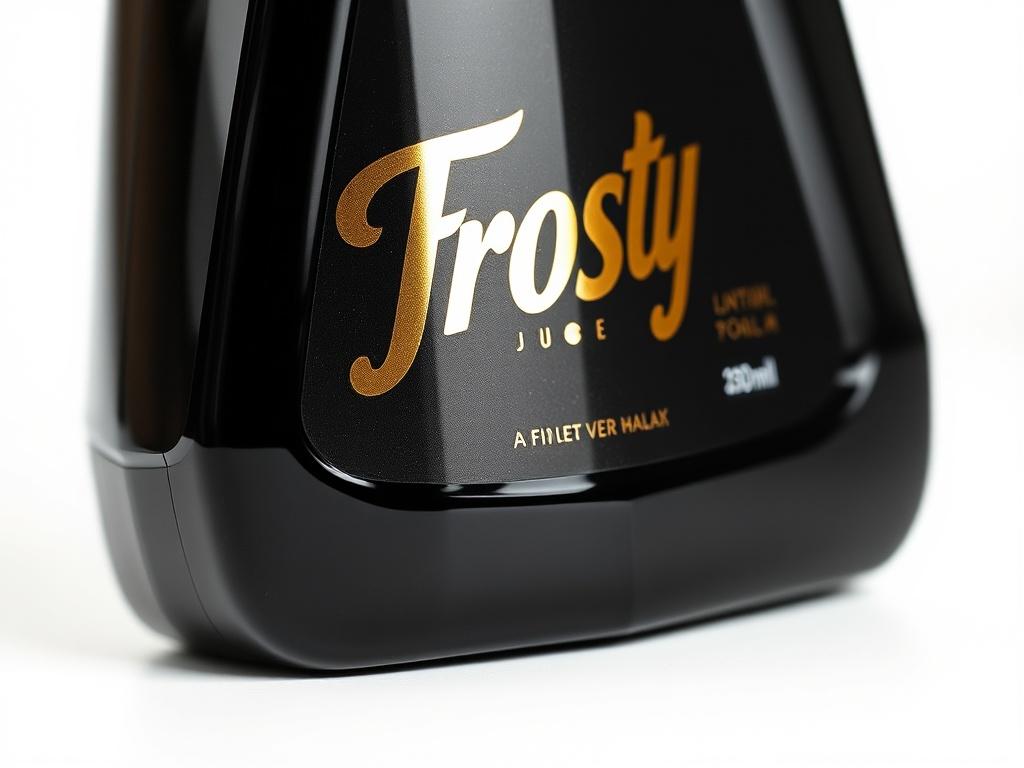 A close-up shot of a sleek black bottle of Frosty Juice™ (0-32-53) with a chrome-gold label, set against a simple white background. The composition should focus solely on the product, showcasing its sophisticated design and vibrant colors. The lighting should enhance the bottle's shine, creating a hyper-realistic effect that emphasizes the high-quality nature of the product.
