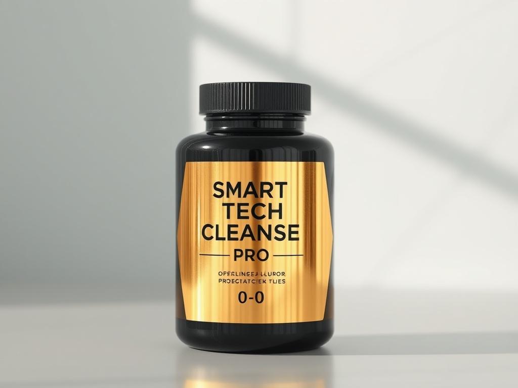 A hyper-realistic close-up shot of a sleek black bottle with a chrome-gold label, showcasing Smart Tech Cleanse Pro™ (0-0-0). The bottle is on a clean, minimalist surface, with soft natural lighting highlighting the reflective label. The background is softly blurred to emphasize the product, and the color scheme aligns with rgb(213, 182, 2), creating a luxurious and modern feel.