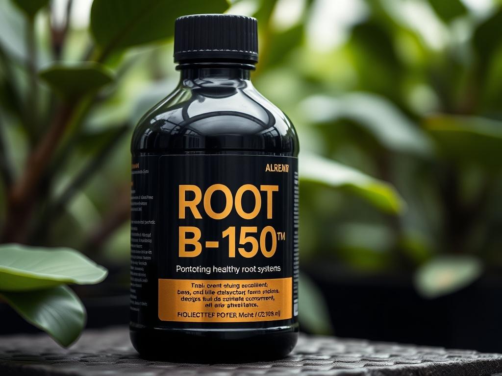 A hyper-realistic close-up shot of a bottle of Root B-150™, featuring a sleek black design with a chrome-gold label. The bottle is positioned against a soft-focus green plant background, highlighting its role in promoting healthy root systems. The composition emphasizes the product's premium quality, showcasing the label details clearly while maintaining a clean and simple aesthetic.