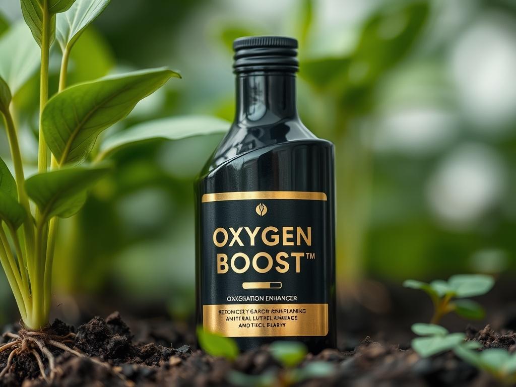 A high-resolution close-up shot of a sleek, black bottle labeled 'Oxygen Boost™' with a chrome-gold label. The bottle should be set against a blurred green background, showcasing healthy plant roots in soil to highlight the product's function as an oxygenation enhancer. The composition should focus on the bottle, emphasizing its premium quality and scientific innovation.