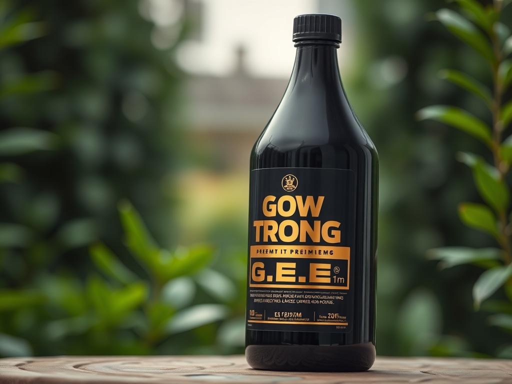 A high-resolution close-up shot of a sleek, black bottle labeled 'Grow Strong Premium G.E.™' with a chrome-gold label, showcasing the product against a blurred green garden background. The bottle should be prominently displayed in the center with a clean and simple composition, emphasizing the luxurious and professional quality of the product. The lighting should highlight the bottle's features, creating a hyper-realistic effect.