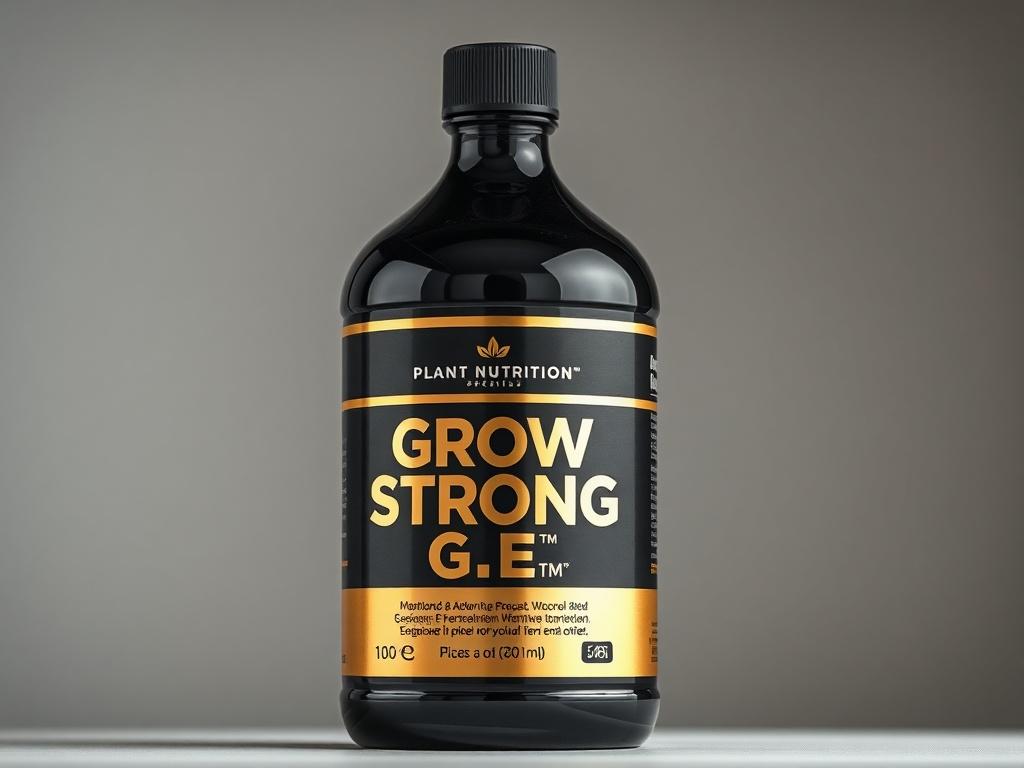 A high-resolution image of a black bottle with a chrome-gold label, showcasing the product 'Grow Strong Premium G.E.™', featuring a clear liquid inside. The bottle should be the only subject in a simple, clean background, emphasizing the product's luxury and professionalism. The image should capture the essence of plant nutrition, with a focus on clarity and detail, suitable for online display.