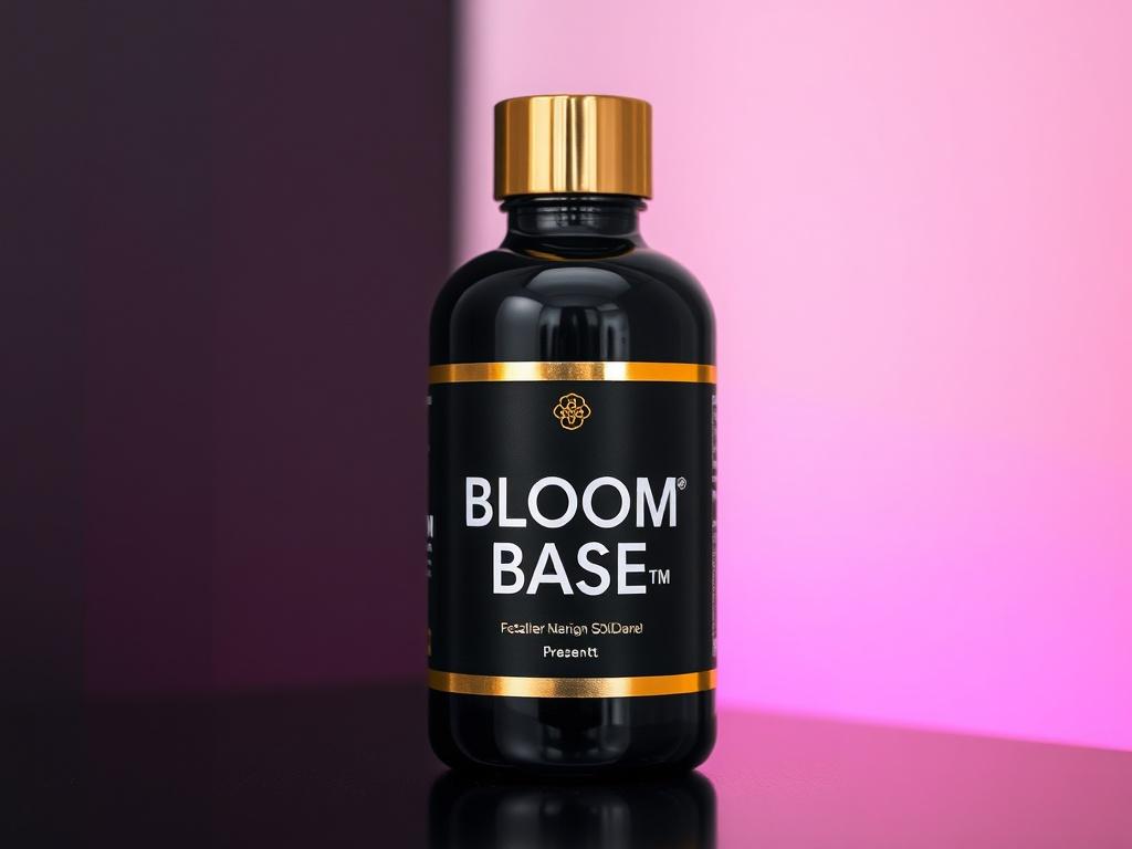 A high-resolution image of a black bottle with a chrome-gold label, presenting 'Bloom Base™', with vibrant liquid inside. The single bottle should stand out against a minimalistic background, highlighting the quality and effectiveness of the product. The image must be sharp, showcasing details that resonate with plant enthusiasts and align with the premium nature of the product.