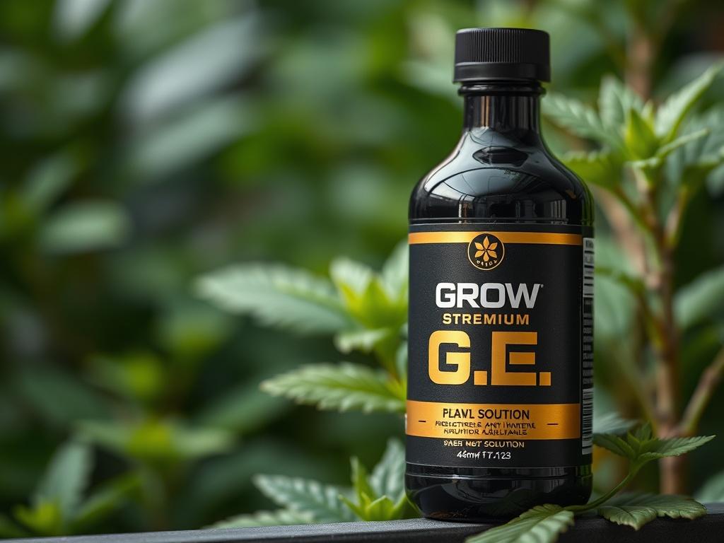 A realistic high-resolution photo of a bottle of Grow Strong Premium G.E.™ nutrient solution, showcasing its sleek design with a black and gold label. The bottle is positioned against a vibrant green plant background, highlighting the growth potential it offers. Focus on the bottle itself, capturing its details in a close-up shot, with soft natural light emphasizing the premium quality of the product.