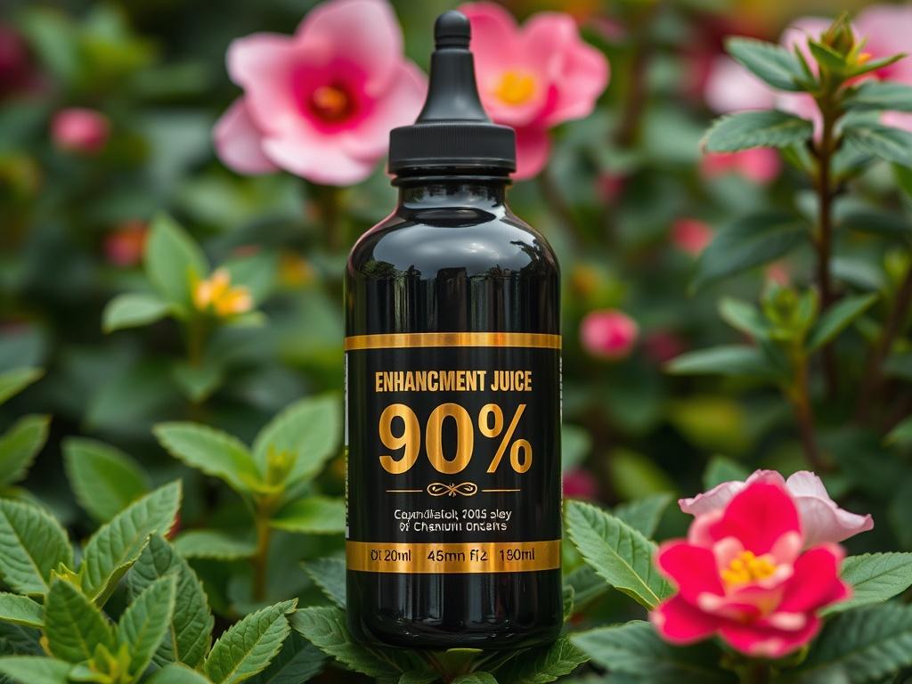 A close-up shot of a sleek black bottle of Enhancement Juice 90%, featuring a chrome-gold label with a 4D shine. The bottle is placed on a vibrant, green garden background, showcasing healthy blooming plants. The scene should be well-lit, highlighting the product's premium quality and the lushness of the surrounding foliage, shot with a 45mm f/1.2 lens.