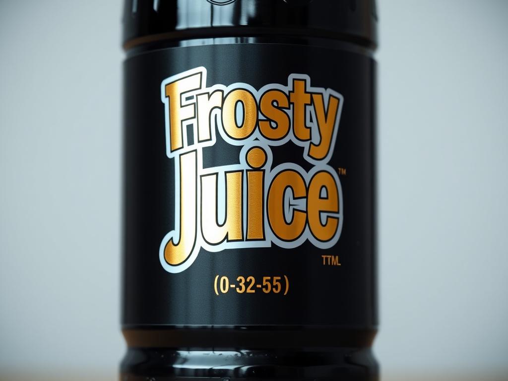 A hyper-realistic close-up shot of a black bottle labeled 'Frosty Juice™ (0-32-53)' with a chrome-gold label, captured with a 45mm f/1.2 lens style. The background should be neutral and soft to highlight the product, showing the bottle in a way that emphasizes its premium quality. The lighting should be bright and focused, creating a visually appealing effect with a hint of sheen on the bottle.