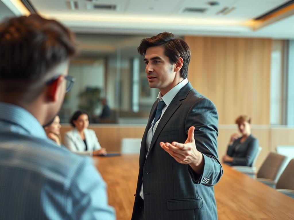 A close-up shot of a person confidently standing in a meeting room, expressing their thoughts while others listen attentively. The setting conveys a sense of professionalism and assertiveness, highlighting the importance of clear boundary-setting in communication.