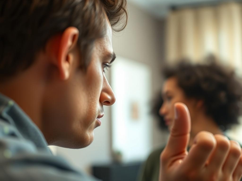 A close-up shot of a person practicing communication skills in front of a mirror, looking determined and focused. The background is a well-lit room with soft colors, emphasizing the personal growth and confidence-building aspect of preparing for difficult conversations.