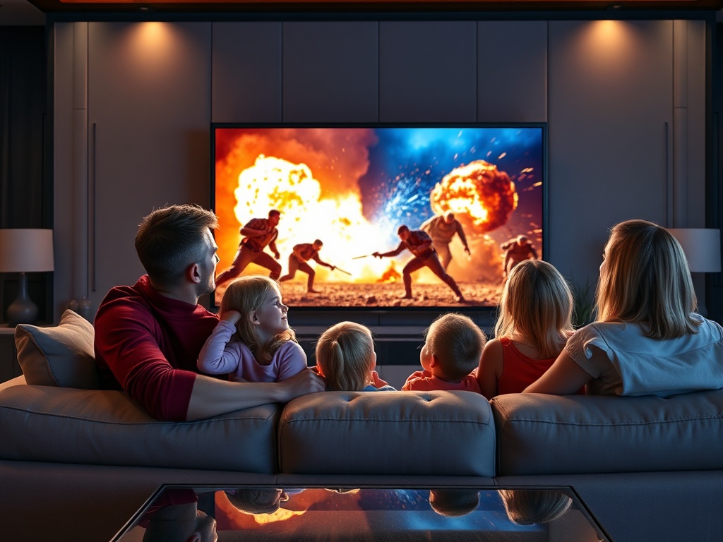 Family enjoying premium IPTV streaming on multiple devices in modern living room