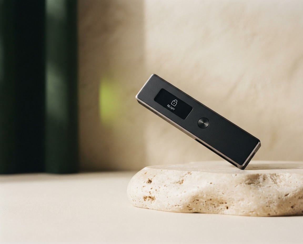 A matte-black Ledger hardware wallet resting on a warm stone plinth