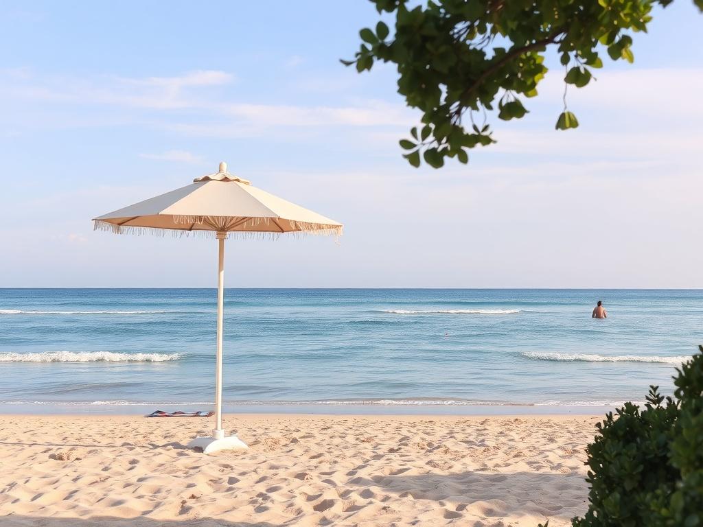A tranquil beach scene in Torrevieja, featuring a clean sandy shoreline with gentle waves lapping at the shore. In the foreground, a single sun umbrella and a beach towel are set up, suggesting a perfect spot for relaxation. The background includes a clear blue sky with soft clouds, and a few people enjoying the sun in the distance. The color palette is soft and warm, evoking a peaceful atmosphere, with lush greenery framing the scene.