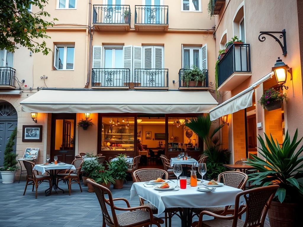 An inviting image of a local restaurant in Torrevieja, showcasing its charming outdoor seating area. The table is elegantly set for dining, with colorful dishes and drinks ready to be served. Soft lighting enhances the cozy atmosphere, while surrounding plants add a touch of greenery. The building's architecture reflects the local style, with warm tones and inviting details. The composition should focus on the dining area, emphasizing the culinary experience available in the city.