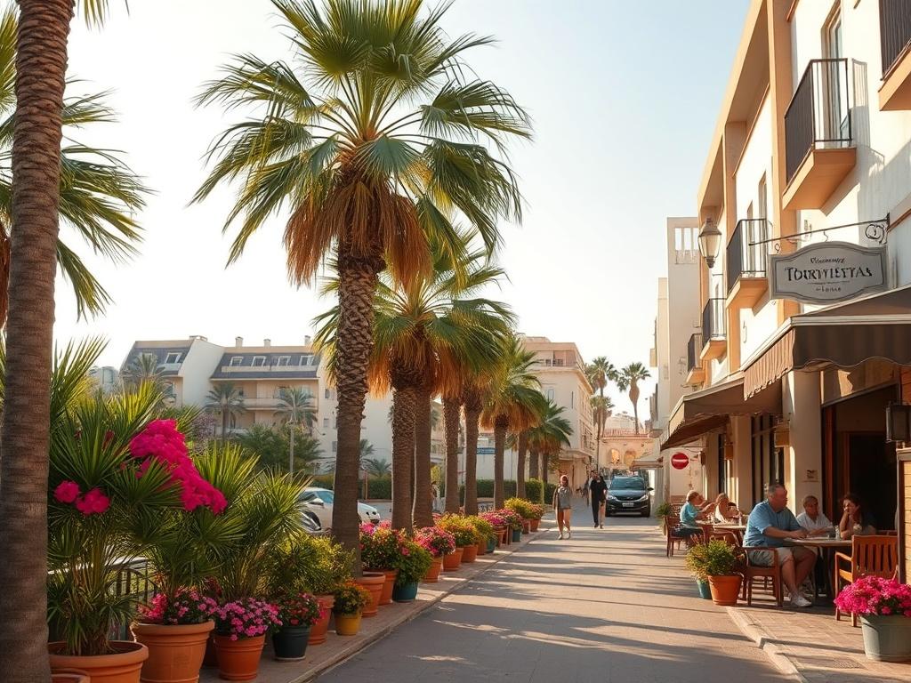 A tranquil view of a sunny Torrevieja street, showcasing a charming restaurant with outdoor seating, surrounded by beautiful palm trees and vibrant flowers. The scene captures a peaceful atmosphere with soft lighting, evoking a sense of relaxation and enjoyment. The restaurant has a welcoming sign and customers enjoying their meals at the terrace. Use soft tones to create a gentle ambiance.