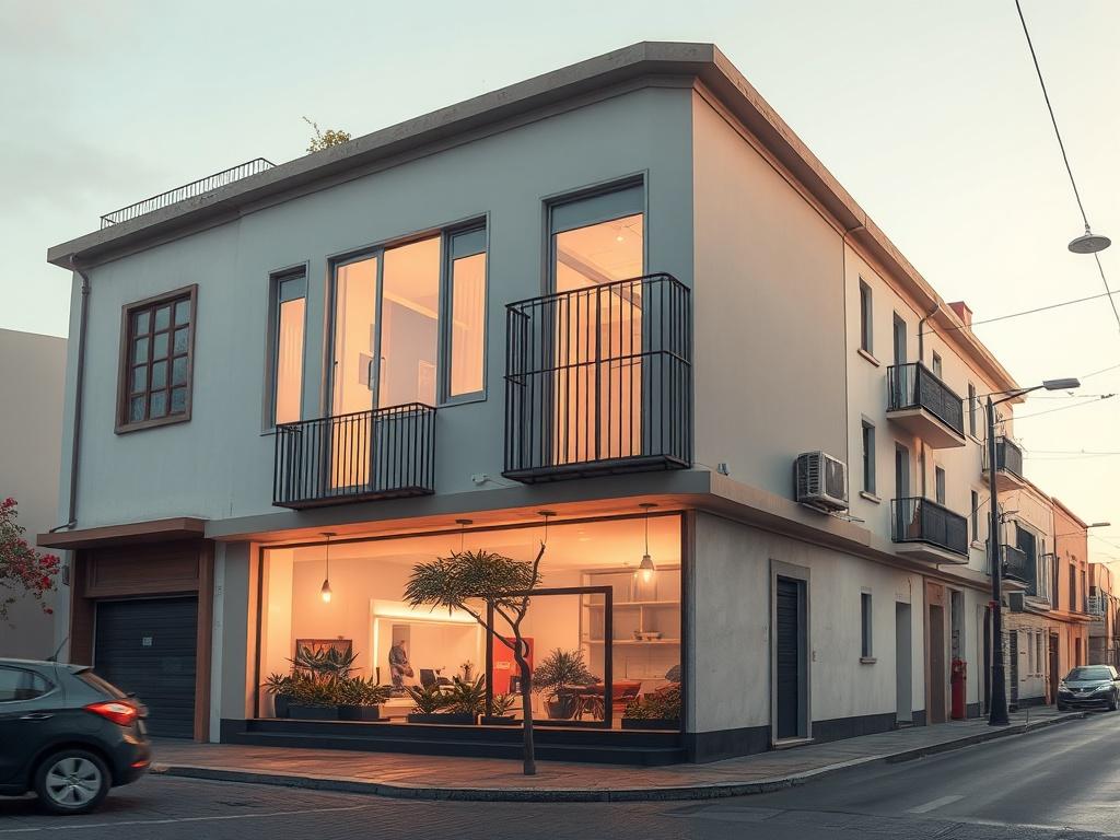 A modern építkezés látványa a Calle Clemente Gosálvez utcában, egy új önkormányzati célú helyiség építése közben. A háttérben látható a város szépen parkosított környezete, lágy fények és békés atmoszféra jellemzi az eseményt.
