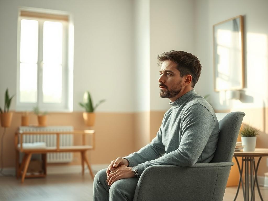 **AI Image Generation Prompt:**

Create a realistic high-resolution photo focused on the theme of mental health treatment in Spain versus prison. The image should feature a solitary subject: a male figure in a serene, contemplative pose, sitting in a softly lit, modern psychiatric facility room. He should have a pensive expression, reflecting his complex emotions about being transferred from prison to this mental health institution. 

The background should depict elements typical of a psychiatric facility—s