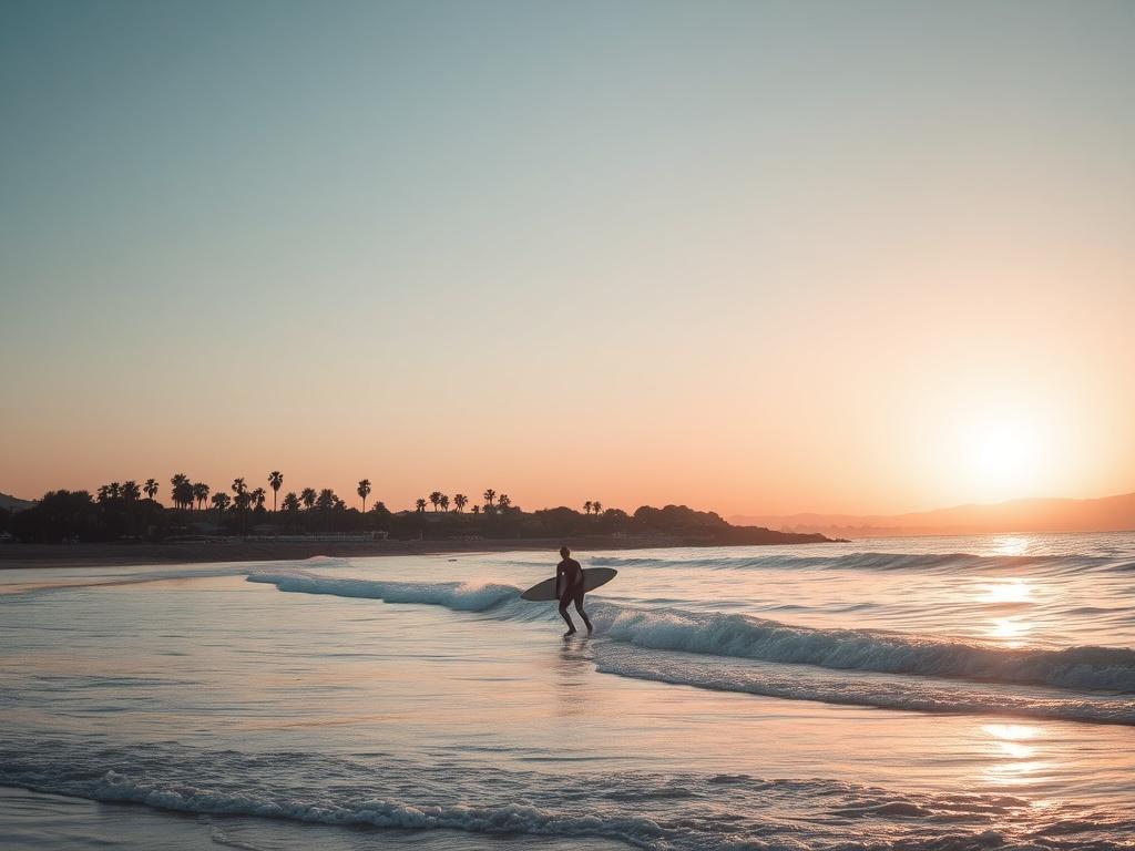 A tranquil beach scene in Torrevieja, showing a lone surfer catching a wave. The sun is setting in the background, casting a warm glow over the water. Soft tones and gentle lighting create a peaceful atmosphere, with palm trees lining the beach and a distant view of the coastline.