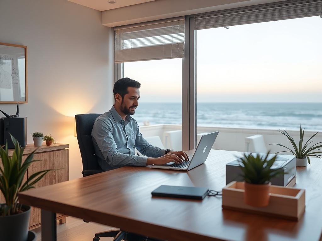 A serene office setting in Torrevieja, showcasing a single entrepreneur working on a laptop at a wooden desk. The background features a soft-lit window with a view of the sea, indicating a peaceful atmosphere. The image should convey a sense of professionalism and focus, with gentle colors and a calming ambiance.