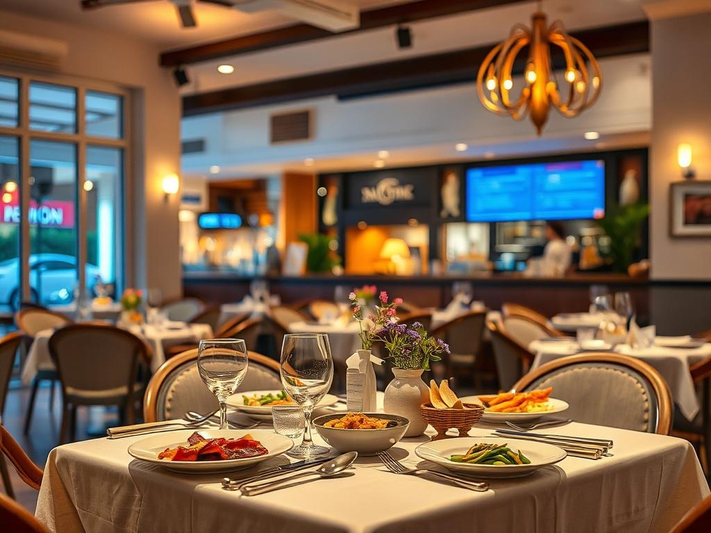 A vibrant and inviting restaurant interior in Torrevieja, showing a table set for dining with beautiful dishes displayed. Soft lighting creates a warm atmosphere, with subtle decorative elements reflecting the local culture. The background features a glimpse of the restaurant's ambiance, showcasing its popularity and elegance.