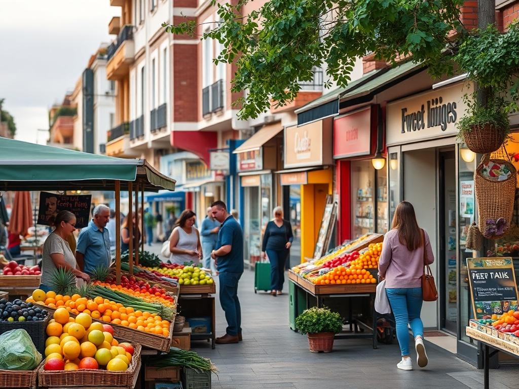 A high-resolution photo of a vibrant shopping street in Torrevieja with local market stalls displaying fresh fruits and vegetables, shoppers browsing, and colorful shop fronts in the background. The scene should be lively and inviting, with soft, gentle lighting to create a peaceful atmosphere, showcasing the local shopping culture.