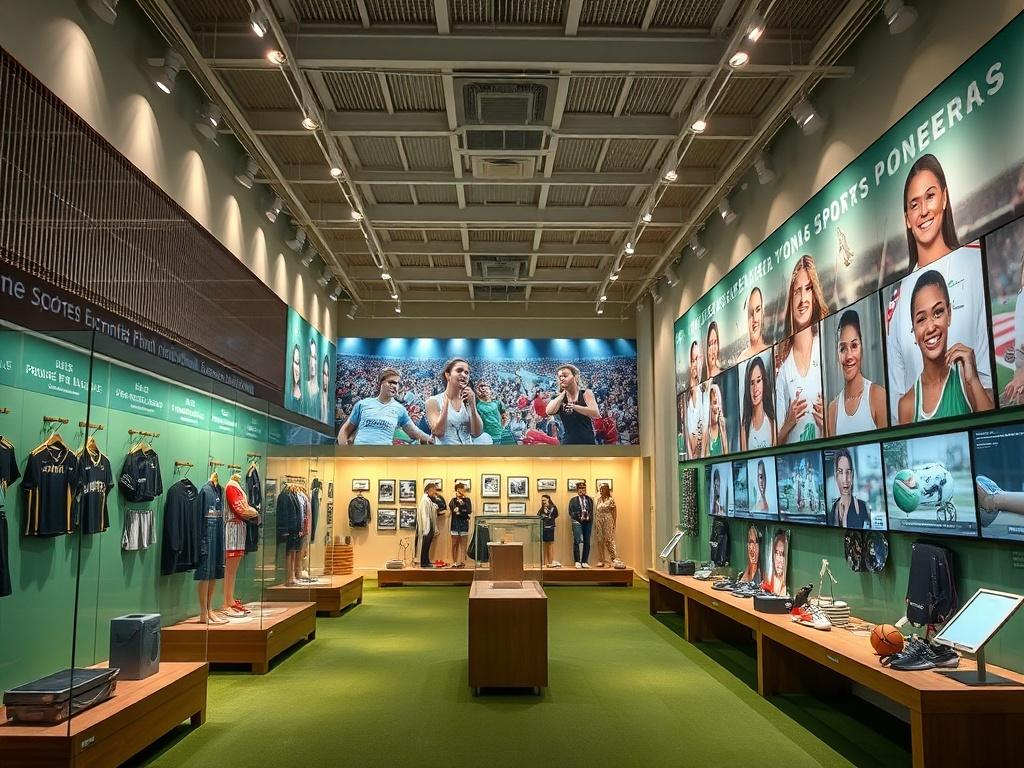 A realistic high-resolution photo of a vibrant sports exhibition hall, showcasing various sports equipment and images of female athletes on the walls. The lighting is soft and warm, creating an inviting atmosphere. The focus is on an elegant display featuring portraits of female sports pioneers, with a backdrop of cheering crowds. The color palette should include soft greens to align with the primary color theme.