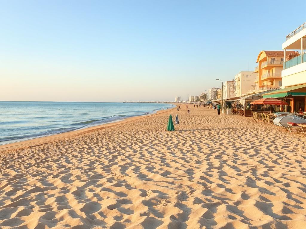 Create a realistic, high-resolution photo that captures the essence of Playa de los Locos, one of the most famous beaches in Torrevieja, Spain. The composition should be simple and clear, with a single subject: a serene stretch of the beach with fine golden sand and gentle waves lapping at the shore. 

The foreground should showcase the soft, inviting sand, with small, colorful beach umbrellas dotting the area to suggest the presence of sunbathers enjoying a sunny day. In the background, include the tranqui