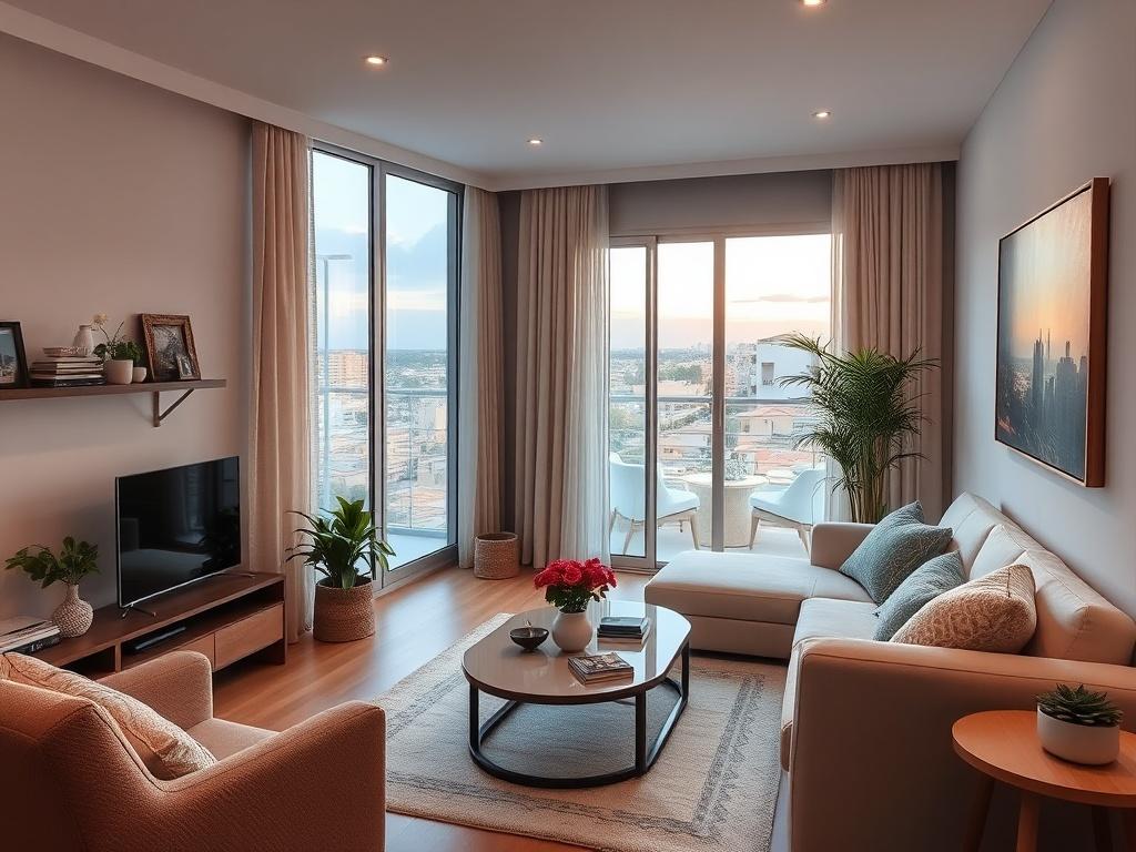 A high-resolution photo of a stylish and inviting apartment available for rent in Torrevieja, showcasing a cozy living space with modern decor and a beautiful view through the windows. The atmosphere should be warm and welcoming, emphasizing comfort and relaxation.
