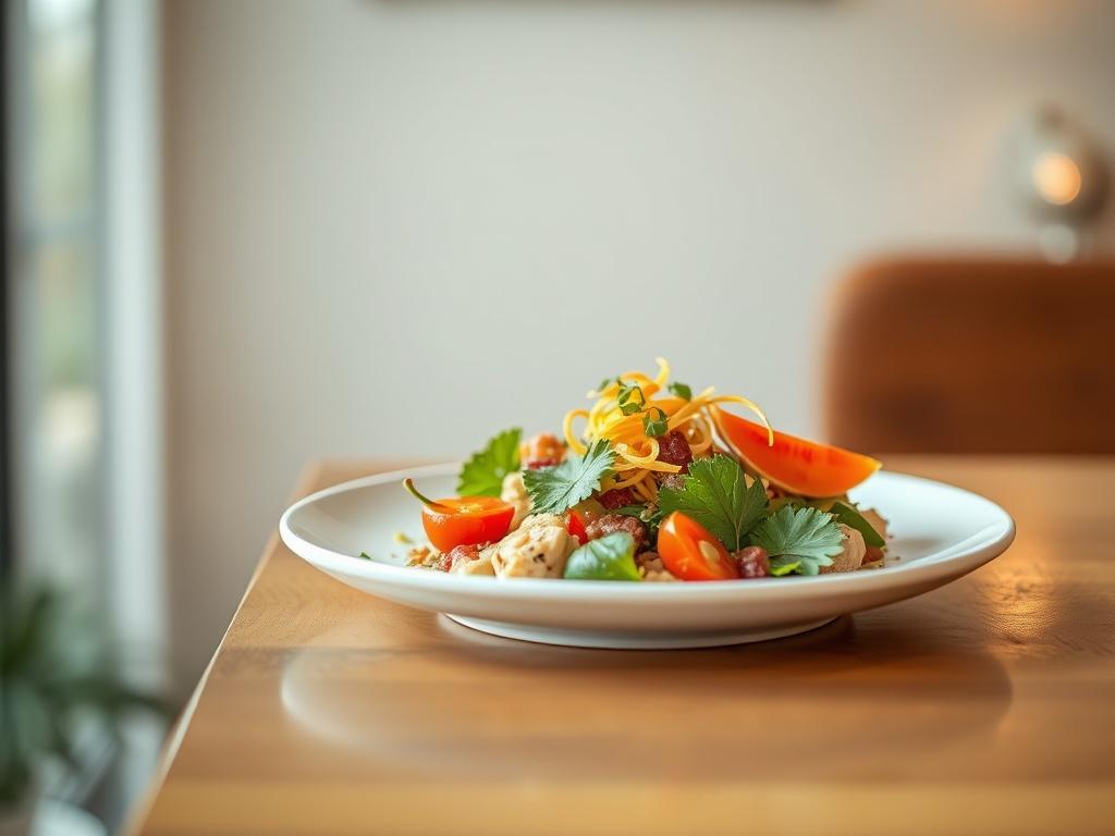 A high-resolution photo of a beautifully presented dish from a new restaurant in Torrevieja, showcasing fresh ingredients and vibrant colors on a simple, elegant plate. The background should be softly blurred to emphasize the dish, with gentle lighting creating a warm and inviting atmosphere.