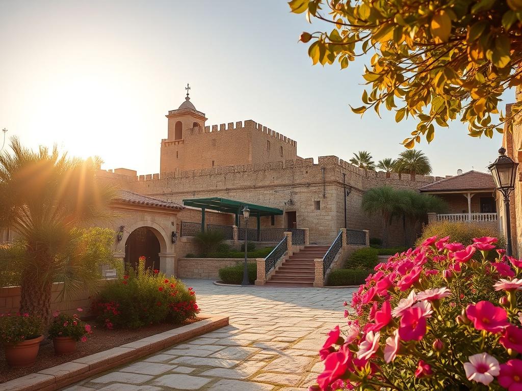 A picturesque view of a historical landmark in Torrevieja, surrounded by lush greenery and bright flowers. The sun is shining, casting a warm glow on the structure, which reflects the rich history of the area.