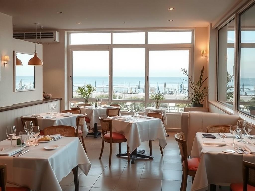 A cozy restaurant interior in Torrevieja, featuring soft lighting and elegant decor. Tables are set with simple white tablecloths, and a view of the beach can be seen through the window. The atmosphere is warm and inviting, perfect for a dining experience.
