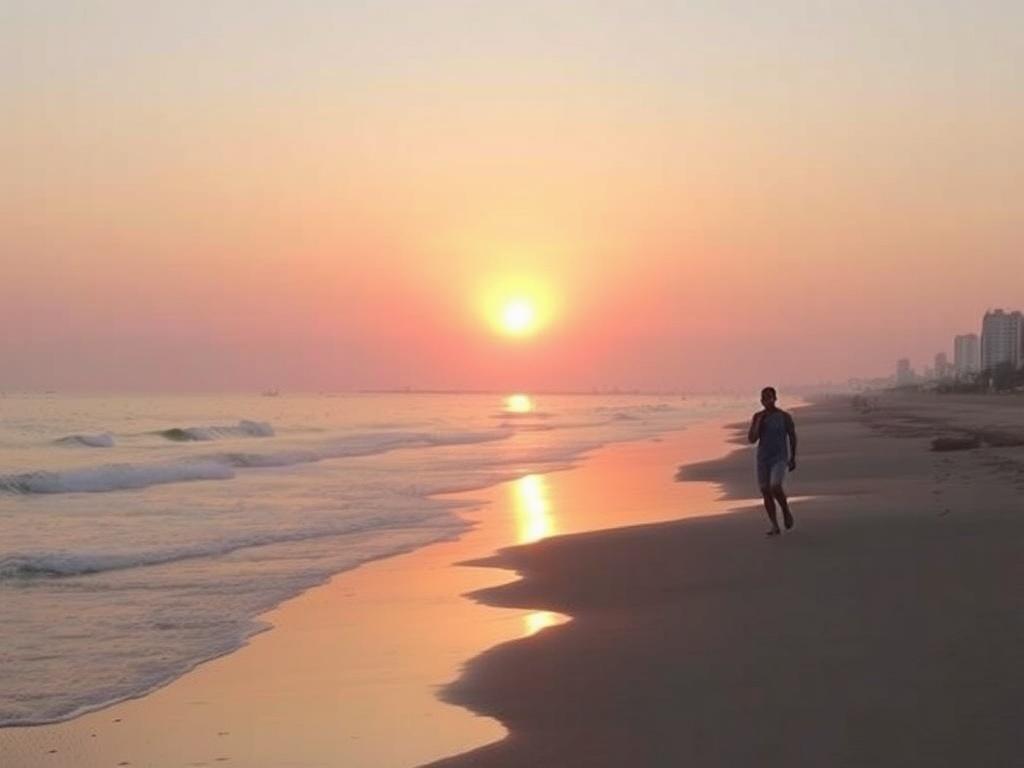 A serene beach scene at sunset in Torrevieja, with a single person walking along the shore. The individual is enjoying a moment of relaxation, capturing the peaceful atmosphere of the beach. The soft tones of the sunset blend with the gentle waves and sandy shore, creating a tranquil environment. The scene emphasizes a sense of leisure and enjoyment, showcasing the beauty of nature and the relaxed lifestyle of Torrevieja.