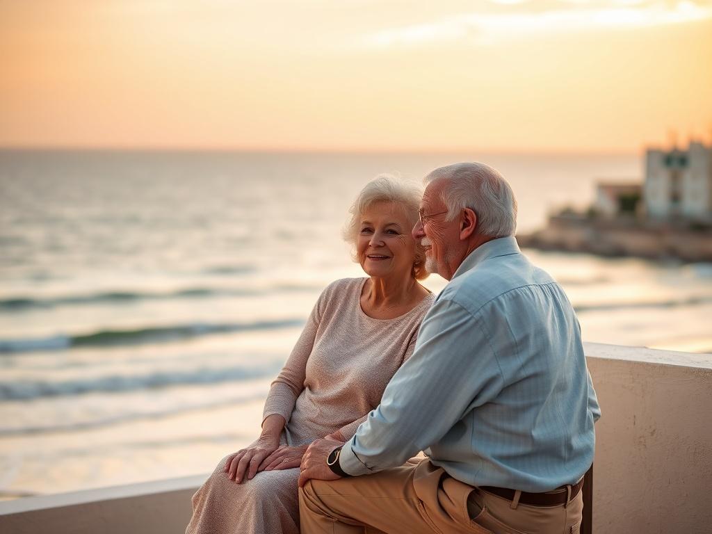 A serene, elderly couple sitting on a sunlit terrace with a view of the sea in Torrevieja, enjoying a peaceful moment together. The background should feature a soft, warm sunset sky and gentle waves lapping against the shore, creating a tranquil atmosphere. The couple should appear relaxed and happy, embodying the essence of retirement life in a beautiful coastal town.