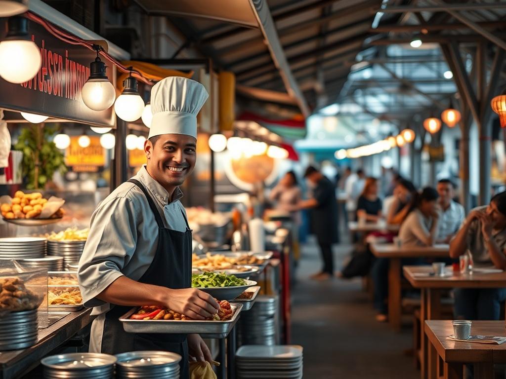 A vibrant street food market scene during the day, featuring a variety of colorful food stalls with different cuisines. In the foreground, a chef is preparing fresh food with a smile, showcasing local delicacies. Soft, warm lighting enhances the inviting atmosphere, with people enjoying their meals at wooden tables in the background. The setting is lively yet peaceful, capturing the essence of a friendly community gathering.
