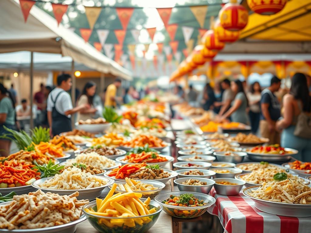 A high-resolution photo of a vibrant food festival scene, featuring a variety of colorful dishes arranged on tables. The background should include people enjoying the festival, with tents and banners giving a festive atmosphere. The lighting should be soft, creating a warm and inviting ambiance, and the overall composition should focus on the delicious food and happy attendees.