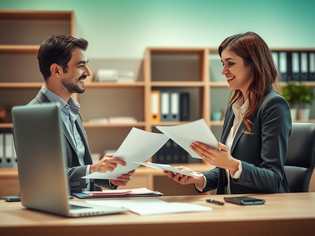 A scene depicting a professional office environment, showing a friendly consultant assisting a client with paperwork. The consultant is seated at a desk, holding documents, while the client looks engaged and is taking notes. The background features shelves with folders and a soft, inviting lighting that creates a calm atmosphere. The color palette should include soft tones with a dominant green shade (rgb(50, 170, 39)). The composition should focus on the interaction between the consultant and the client.