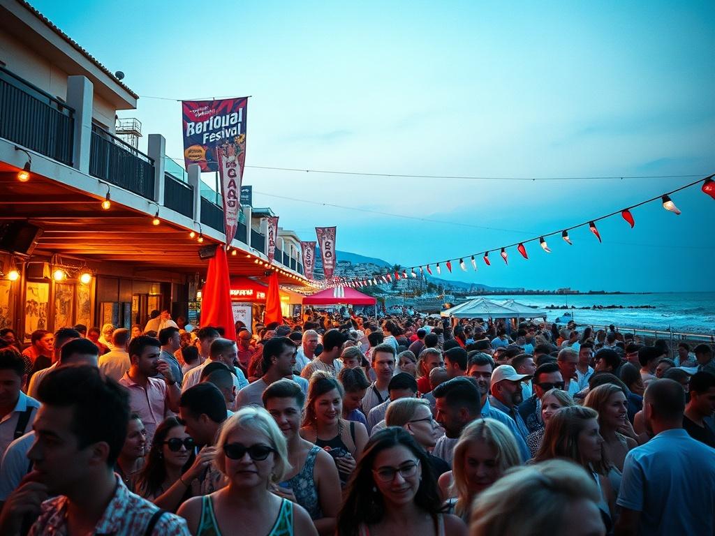 A vibrant outdoor festival scene showcasing a crowd enjoying live music, with a picturesque coastal backdrop of Torrevieja. The sun sets in soft tones, creating a peaceful atmosphere, while festival banners and lights add excitement. The image captures the essence of a cultural celebration, emphasizing the joyful faces of attendees and the lively ambiance.