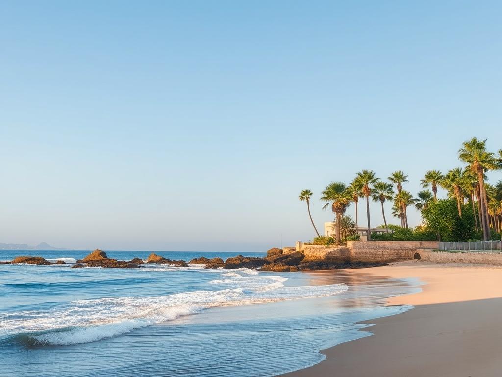 A serene coastal scene depicting the beautiful Orihuela Costa area, showcasing its stunning beaches, lush greenery, and tranquil atmosphere. The composition should focus on a single picturesque beach with soft waves lapping at the shore, surrounded by palm trees and a clear blue sky. The lighting should be gentle, creating a peaceful ambiance that highlights the natural beauty of the location, emphasizing the vibrant green of the foliage and the soft tones of the sand.