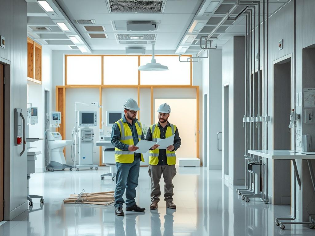 A realistic high-resolution photo of a hospital construction site showing a renovation project. The image should depict construction workers and architects collaborating on plans. The background should feature a partially constructed room with modern medical equipment, gentle lighting, and a peaceful atmosphere. Soft tones should be used to convey a calm and professional setting.