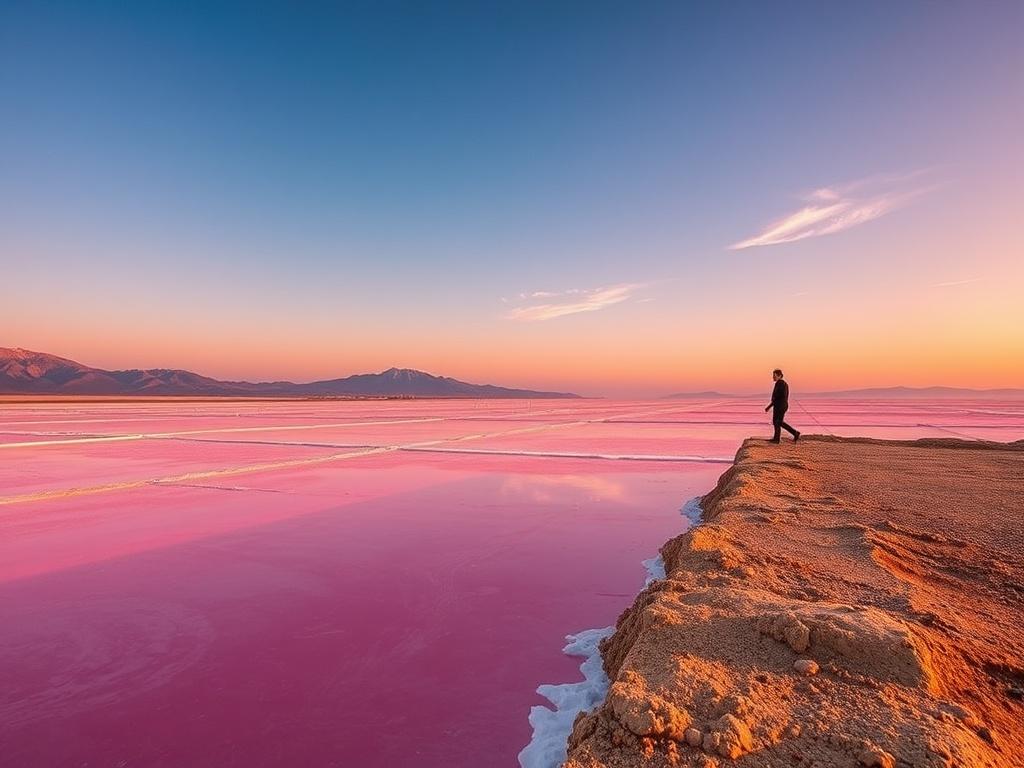 A beautiful view of the Torrevieja salt flats, showcasing the vibrant pink water and surrounding natural landscape. The image should be captured during golden hour, with soft lighting enhancing the peaceful atmosphere. A clear sky with gentle clouds in the background, and a single person walking along the edge of the salt flat, admiring the scenery. The composition should be simple, focusing on the stunning colors and tranquility of the location.