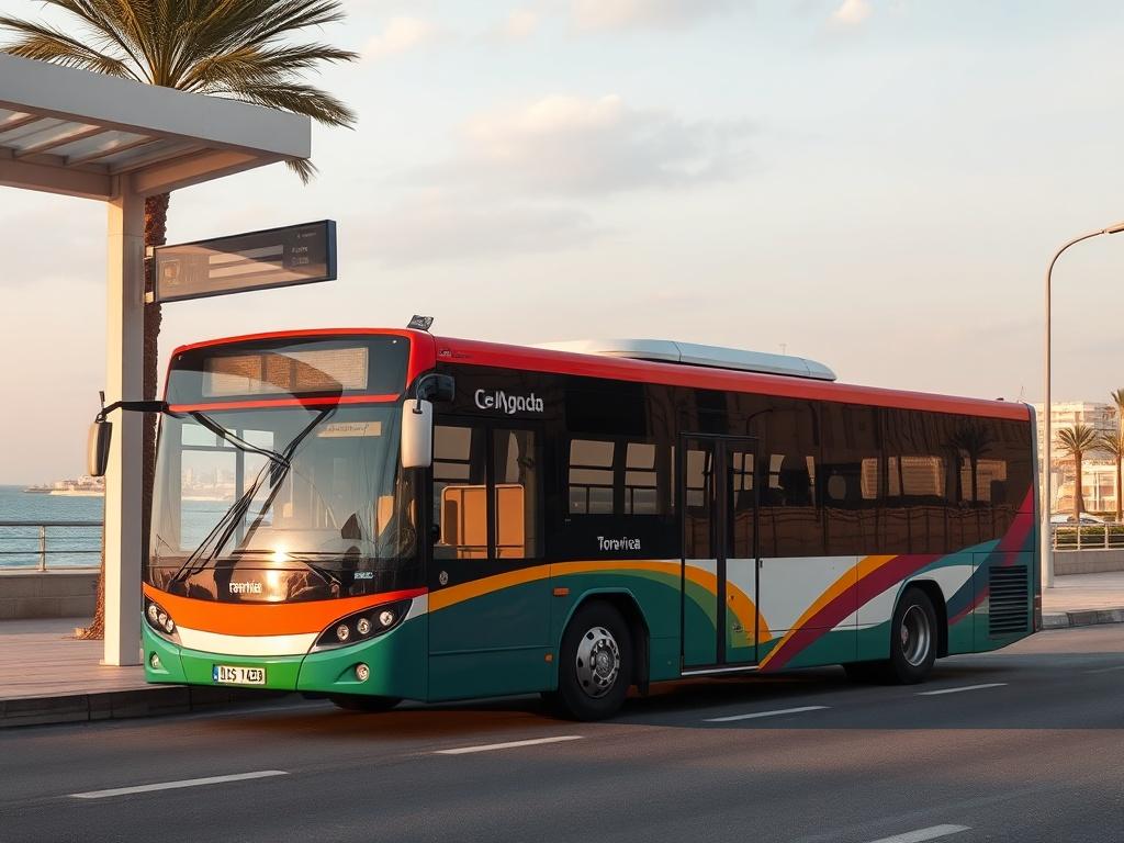 A realistic high-resolution photo showing a modern city bus in Torrevieja. The bus is parked at a bus stop with a picturesque beach background. Soft tones and gentle lighting should create a peaceful atmosphere. The scene should convey a sense of modern urban transportation, with the vibrant colors of the bus contrasting against the serene coastal backdrop.