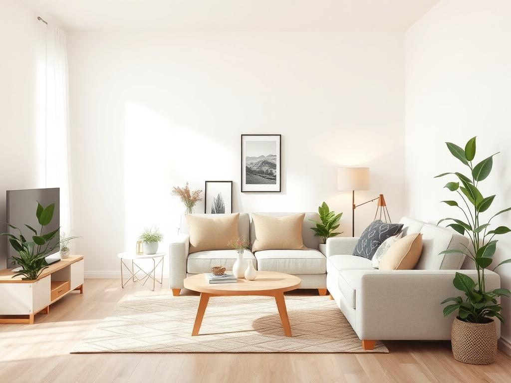 A high-resolution photo of a cozy apartment living room with soft tones and gentle lighting. The scene should show a well-decorated space with a comfortable sofa, a coffee table, and a few plants, creating a peaceful atmosphere. The background should be simple, emphasizing the warmth and inviting nature of the apartment.