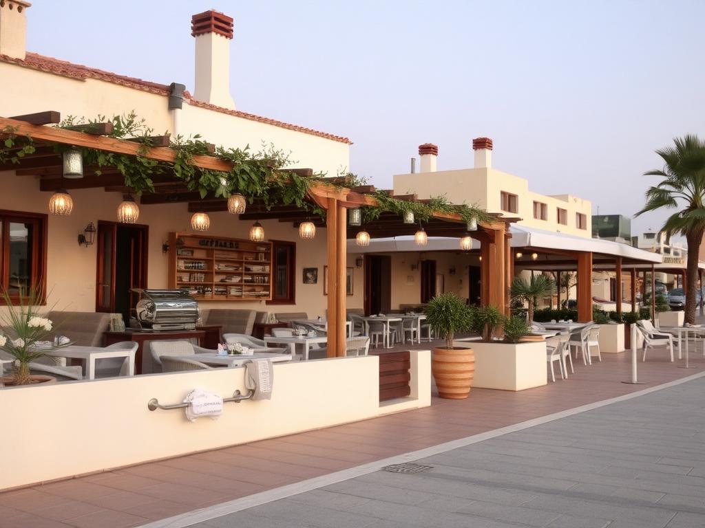 A gyönyörű Torrevieja városának egy étterme, amely kellemes esti fényben ragyog, a háttérben a tengerrel és a naplementével. Az étterem teraszán vendégek ülnek, élvezve az étkezést és a társaságot. A kép nyugodt és idilli hangulatot áraszt.