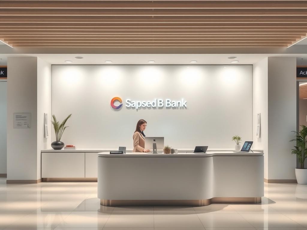 A peaceful scene depicting a modern Spanish bank office, with a bank employee assisting a customer at a desk. The atmosphere is calm and professional, with soft lighting and a clean, organized layout. The background features subtle hints of the bank's branding, such as a logo or colors, creating a reassuring environment. The image should evoke a sense of trust and professionalism, focusing on the interaction between the bank employee and the customer, highlighting the importance of financial transactions.