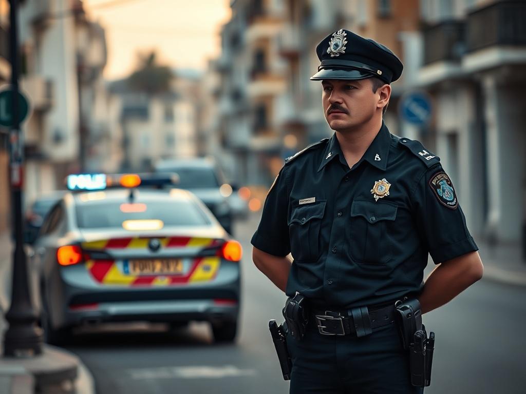 A tragic scene in a city street with a gentle, somber lighting reflecting the seriousness of an incident. A single police officer in uniform, looking concerned, is standing by a police car with lights flashing. The background shows a quiet street in Torrevieja, with soft tones and a peaceful atmosphere, emphasizing the contrast between the peaceful setting and the gravity of the situation.