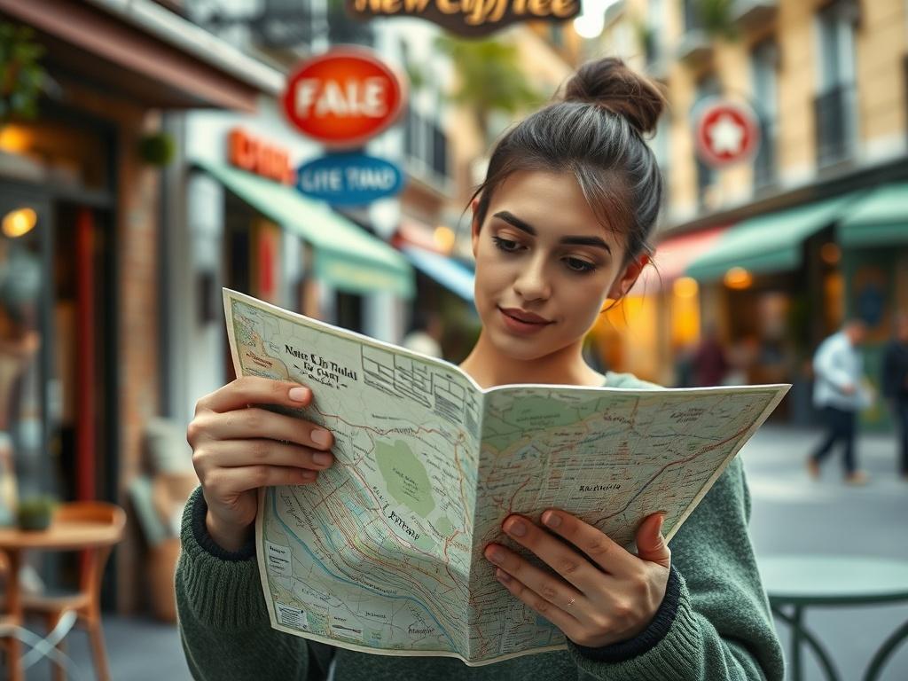 A high-resolution photo of a person looking at a map of a new city, with a thoughtful expression. The background features a vibrant street scene with local shops and cafés. The lighting is soft and inviting, creating a peaceful atmosphere. The color tones lean towards soft greens to match the brand's primary color.